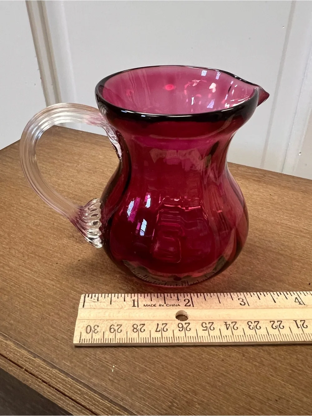 Cranberry Glass Creamer Pitcher with Clear Handle